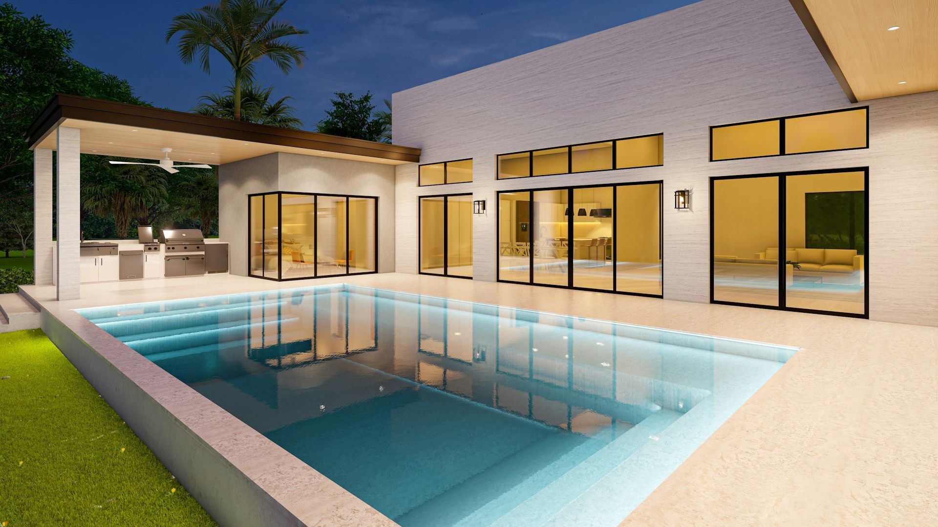 Luxury villa with pool at sunset